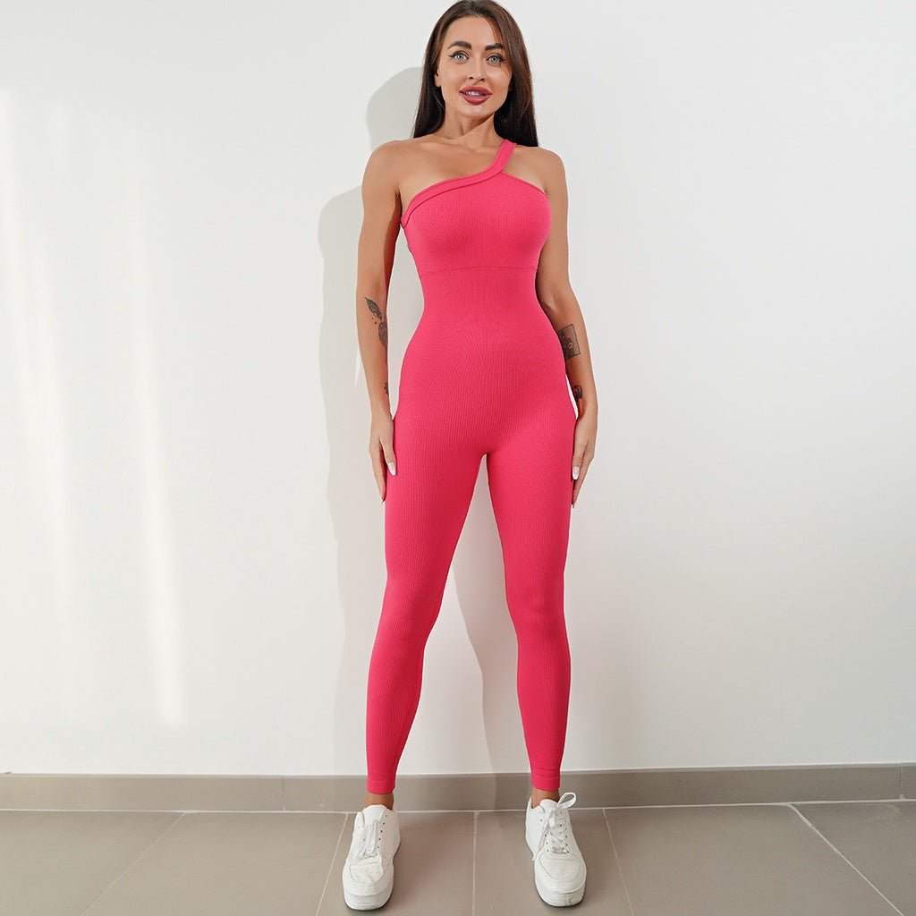 BODYCARVER Single Shoulder Yoga Bodysuit Women OOTD Build-In Bra Beauty Back One-Piece Jumpsuit Yoga Jumpsuit Fitness Sports Onesie For Women - BodyCarver