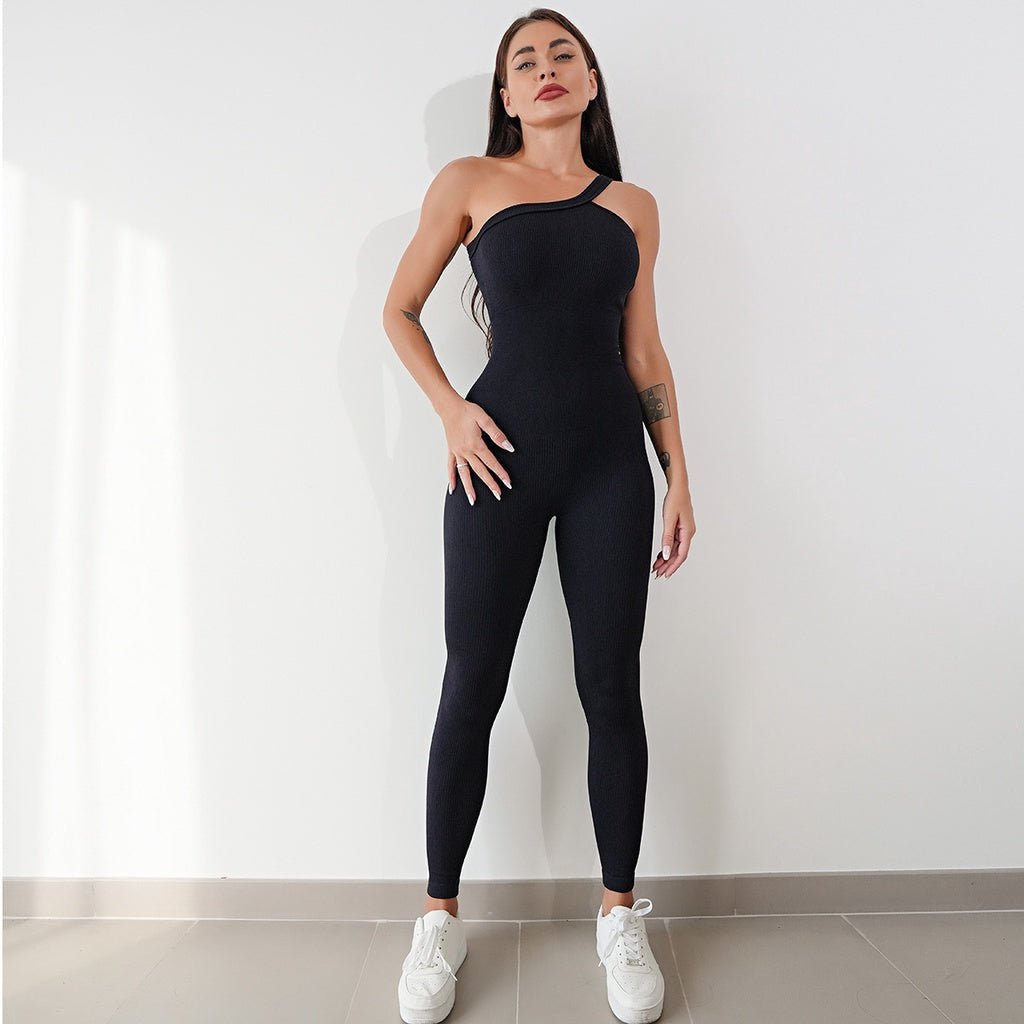 BODYCARVER Single Shoulder Yoga Bodysuit Women OOTD Build-In Bra Beauty Back One-Piece Jumpsuit Yoga Jumpsuit Fitness Sports Onesie For Women - BodyCarver