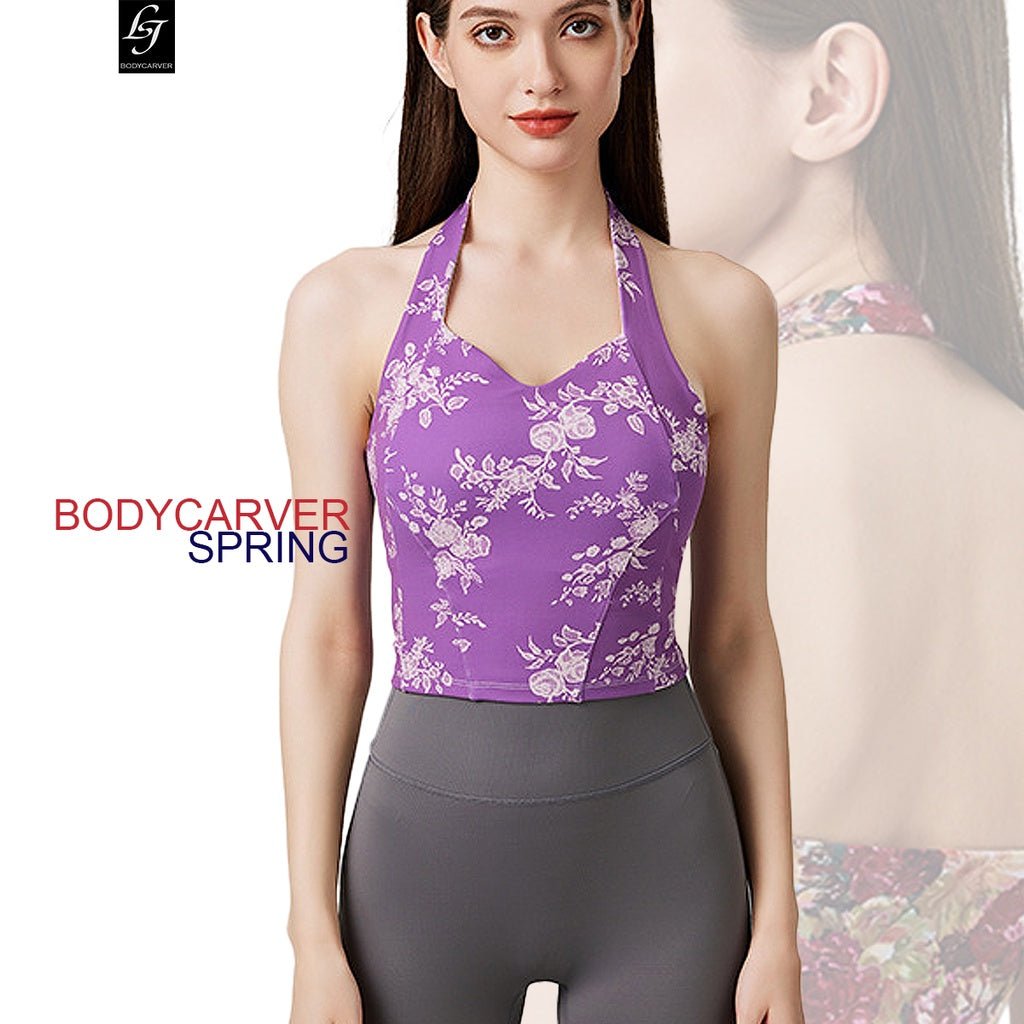 BODYCARVER SPRING Sports Vest Women Yoga Workout Top With Bra Neck-Hanging Style Abdominal Exercising Band Chest Pad Tops Outerwear - BodyCarver