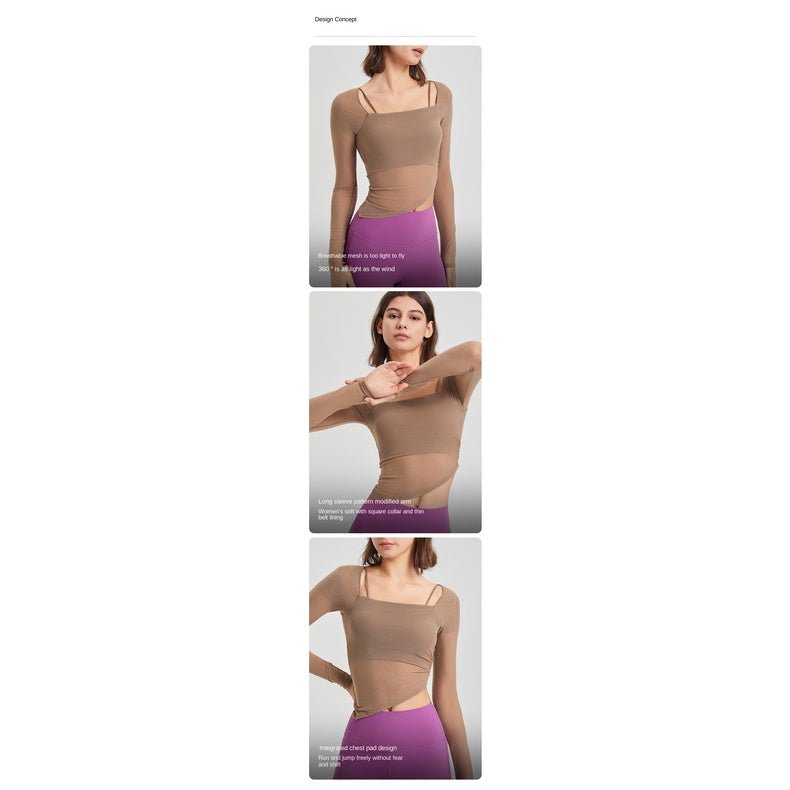 OOTD Mesh Long Sleeve Top Women Fake Two-Piece Fixed Cup Sports YogaT-shirt - BodyCarver