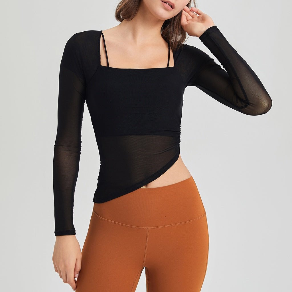 OOTD Mesh Long Sleeve Top Women Fake Two-Piece Fixed Cup Sports YogaT-shirt - BodyCarver