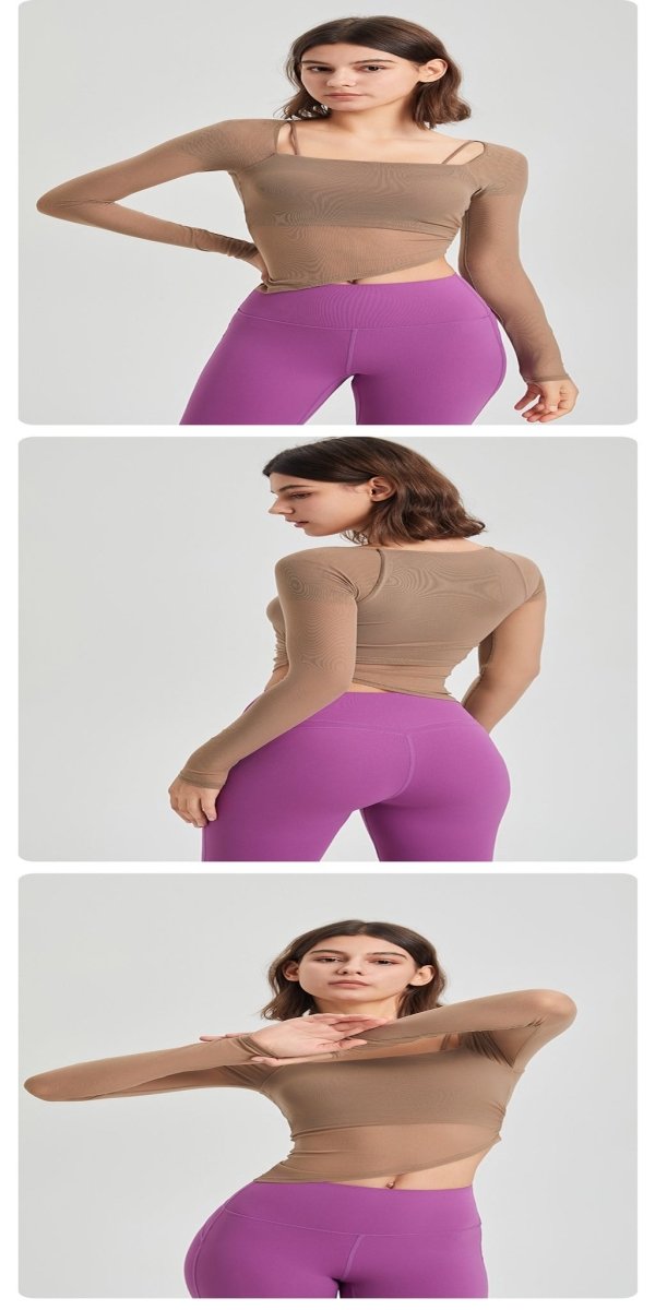 OOTD Mesh Long Sleeve Top Women Fake Two-Piece Fixed Cup Sports YogaT-shirt - BodyCarver