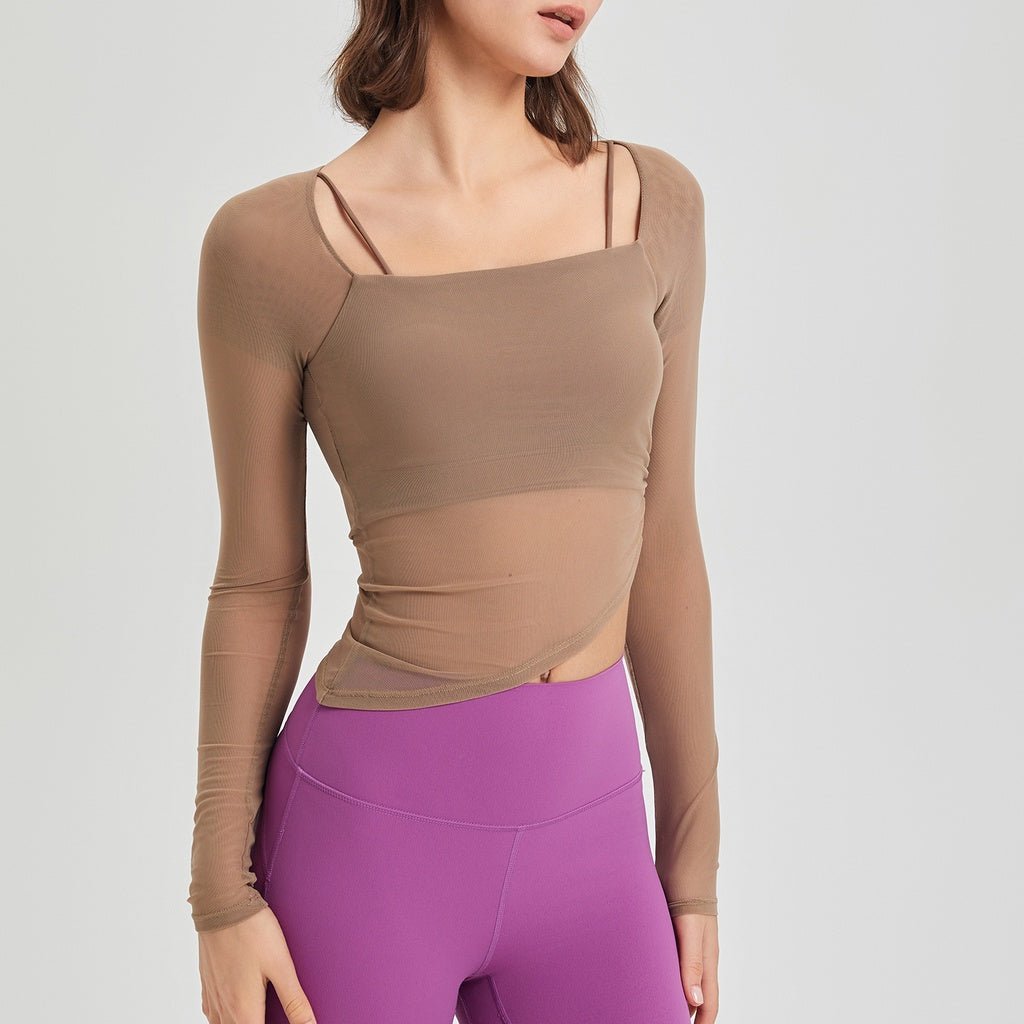 OOTD Mesh Long Sleeve Top Women Fake Two-Piece Fixed Cup Sports YogaT-shirt - BodyCarver