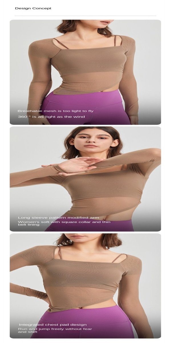 OOTD Mesh Long Sleeve Top Women Fake Two-Piece Fixed Cup Sports YogaT-shirt - BodyCarver