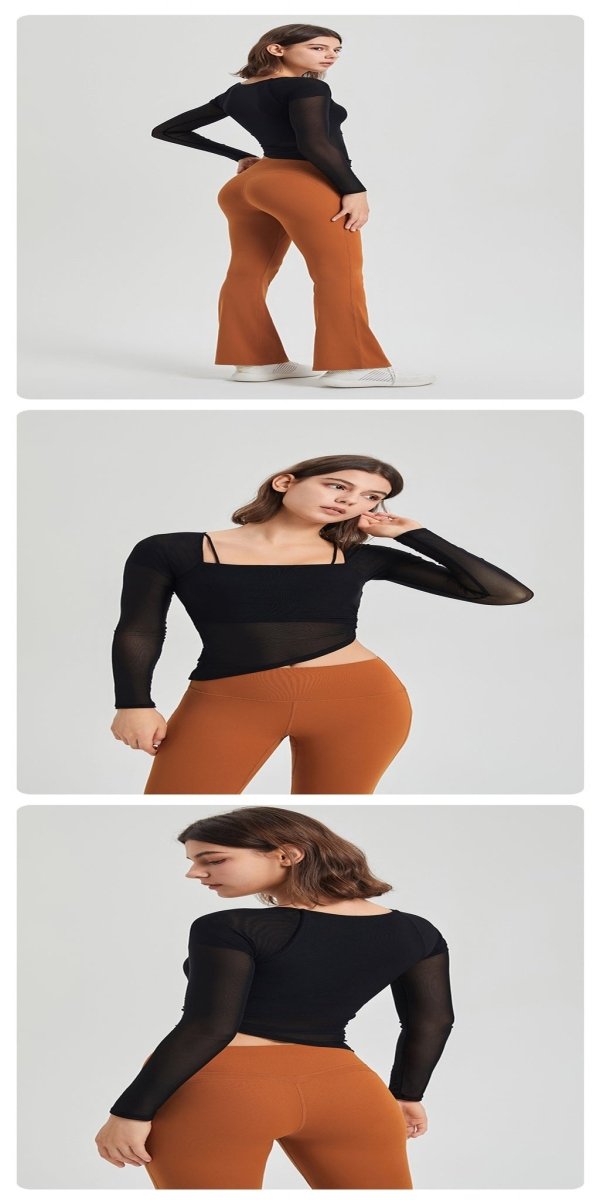 OOTD Mesh Long Sleeve Top Women Fake Two-Piece Fixed Cup Sports YogaT-shirt - BodyCarver