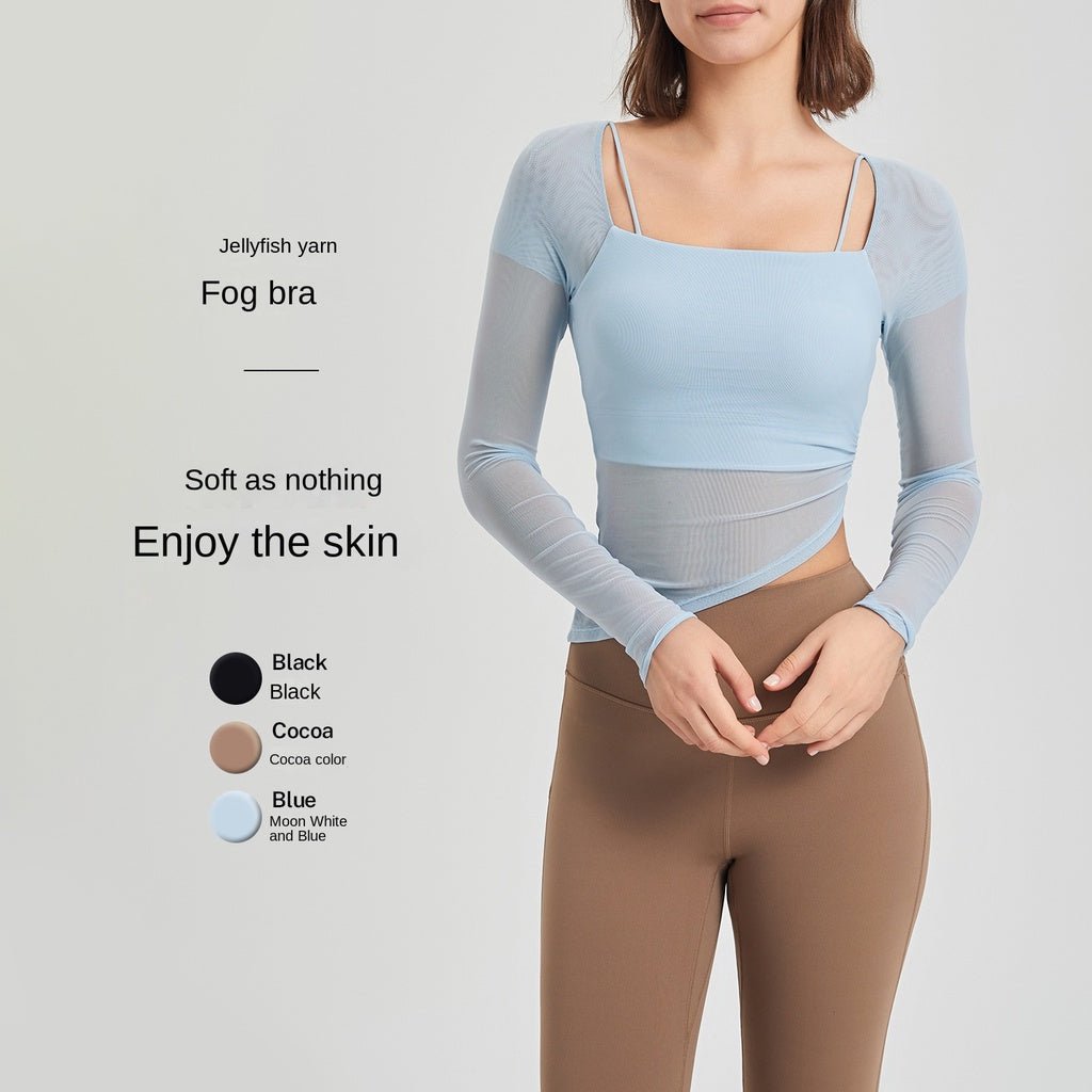 OOTD Mesh Long Sleeve Top Women Fake Two-Piece Fixed Cup Sports YogaT-shirt - BodyCarver