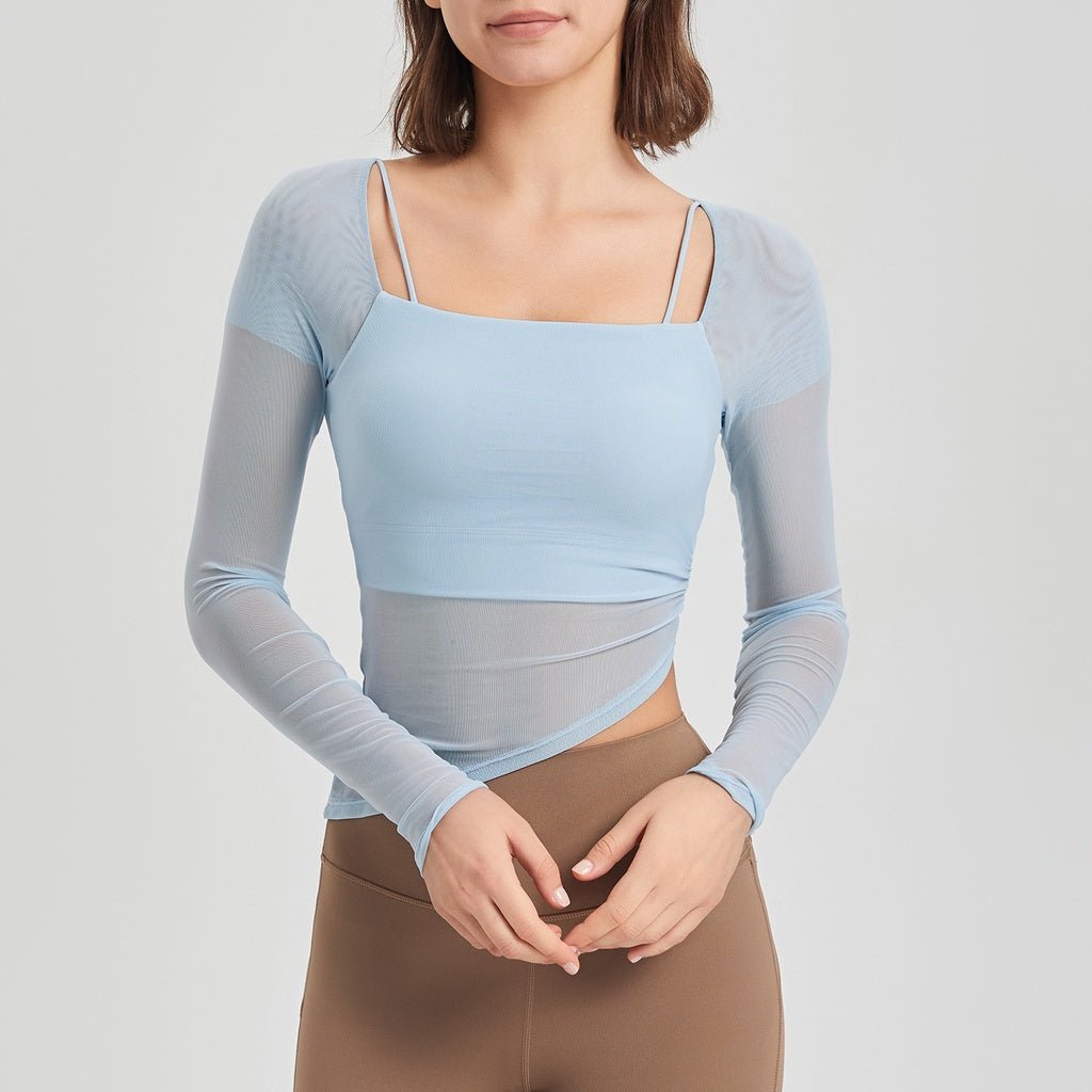 OOTD Mesh Long Sleeve Top Women Fake Two-Piece Fixed Cup Sports YogaT-shirt - BodyCarver