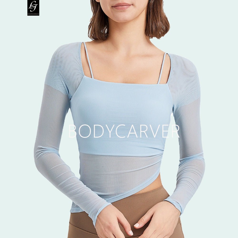 OOTD Mesh Long Sleeve Top Women Fake Two-Piece Fixed Cup Sports YogaT-shirt - BodyCarver