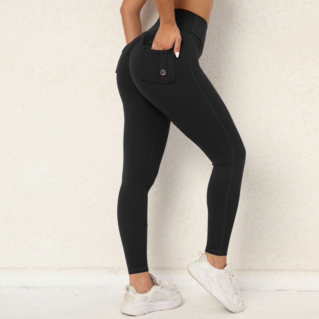 Pocket High Waist Yoga Pant Hip Button Sports Pants Women Quick-Drying Running Fitness Legging - BodyCarver