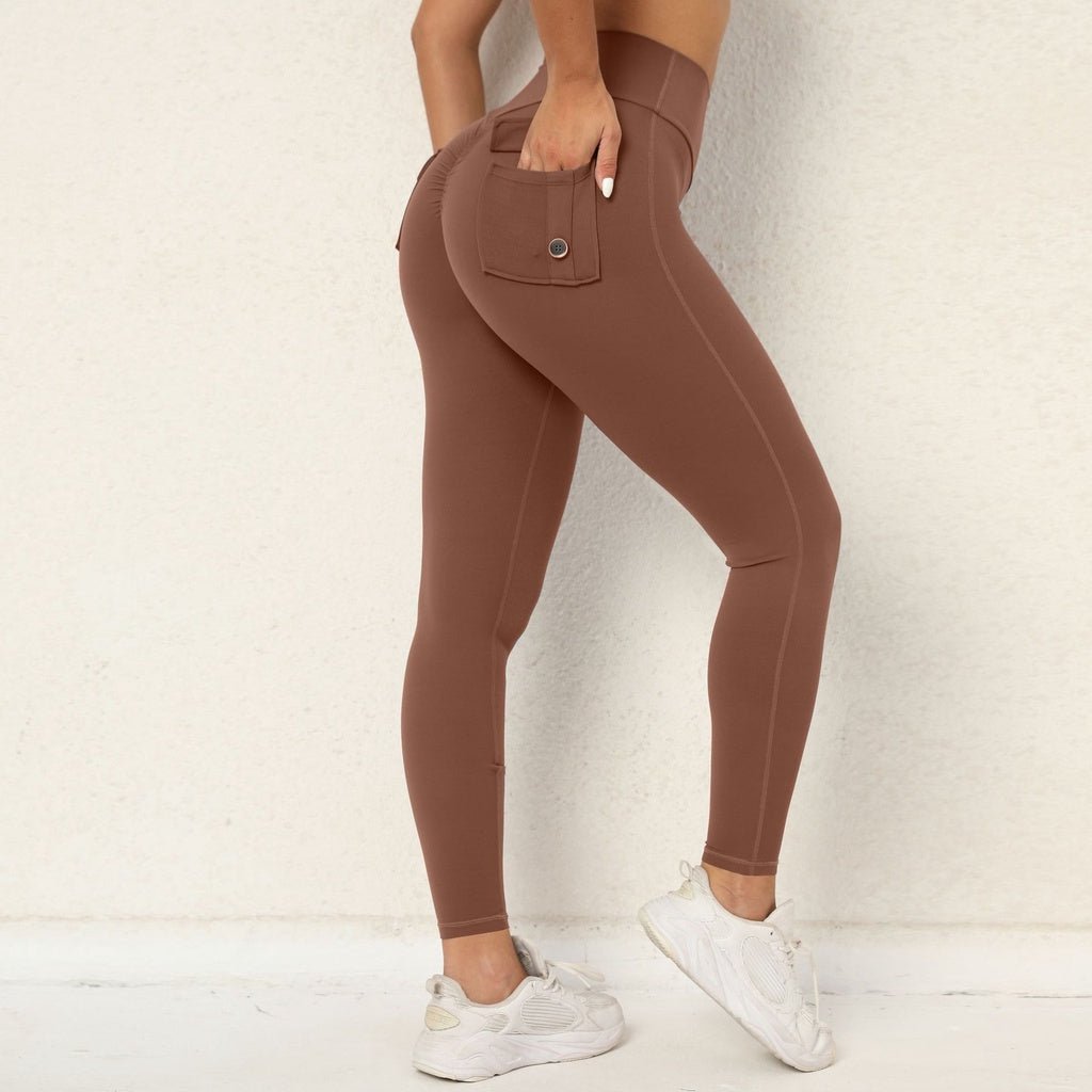 Pocket High Waist Yoga Pant Hip Button Sports Pants Women Quick-Drying Running Fitness Legging - BodyCarver