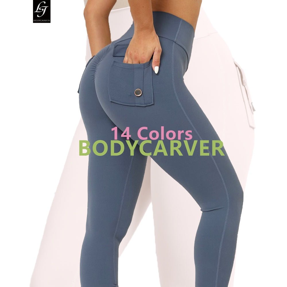 Pocket High Waist Yoga Pant Hip Button Sports Pants Women Quick-Drying Running Fitness Legging - BodyCarver
