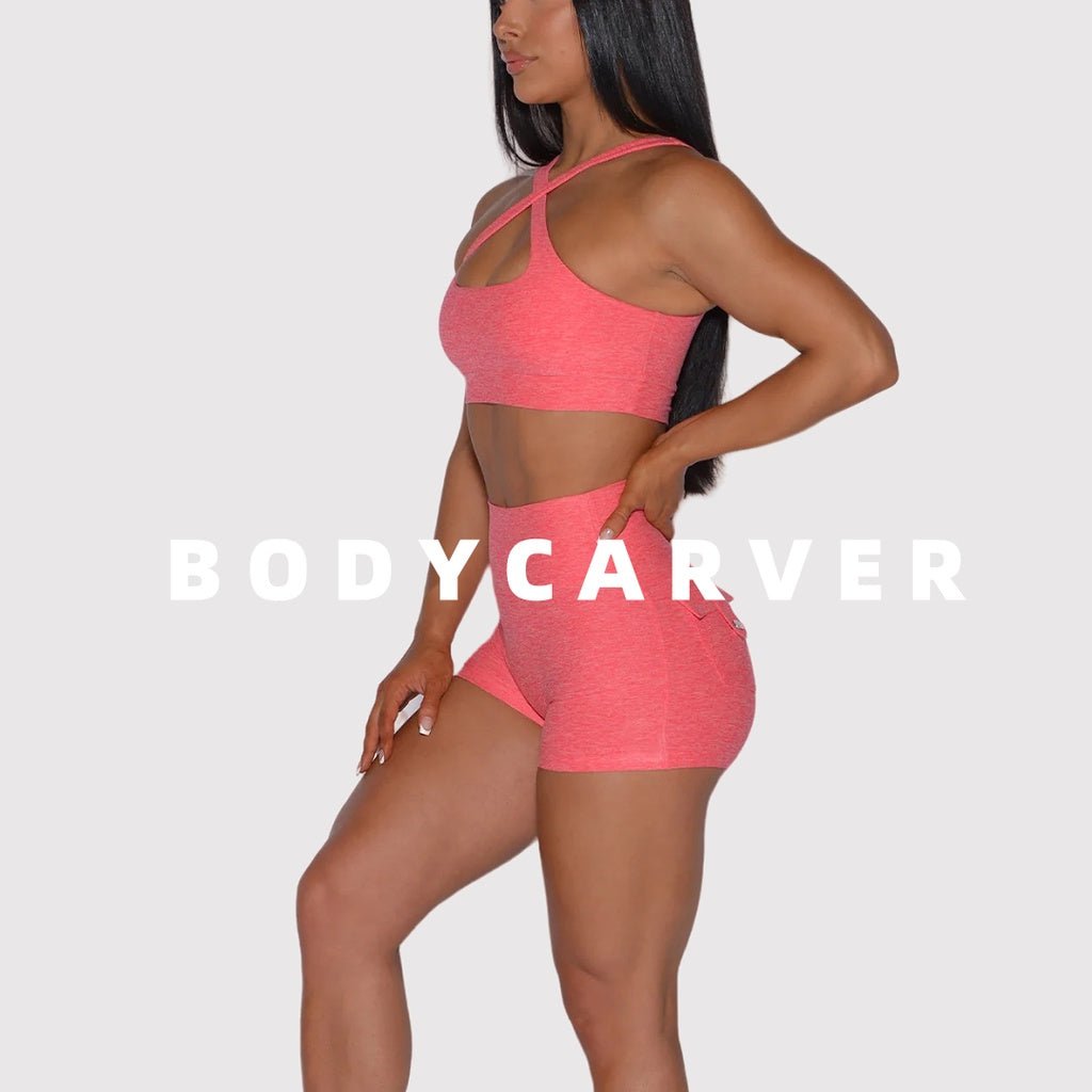 Sports Casual Outfit Women 2pcs Workout Fitness Suit Hollow Sports Workout Underwear High Waist Stretch Shorts Yoga Suit - BodyCarver